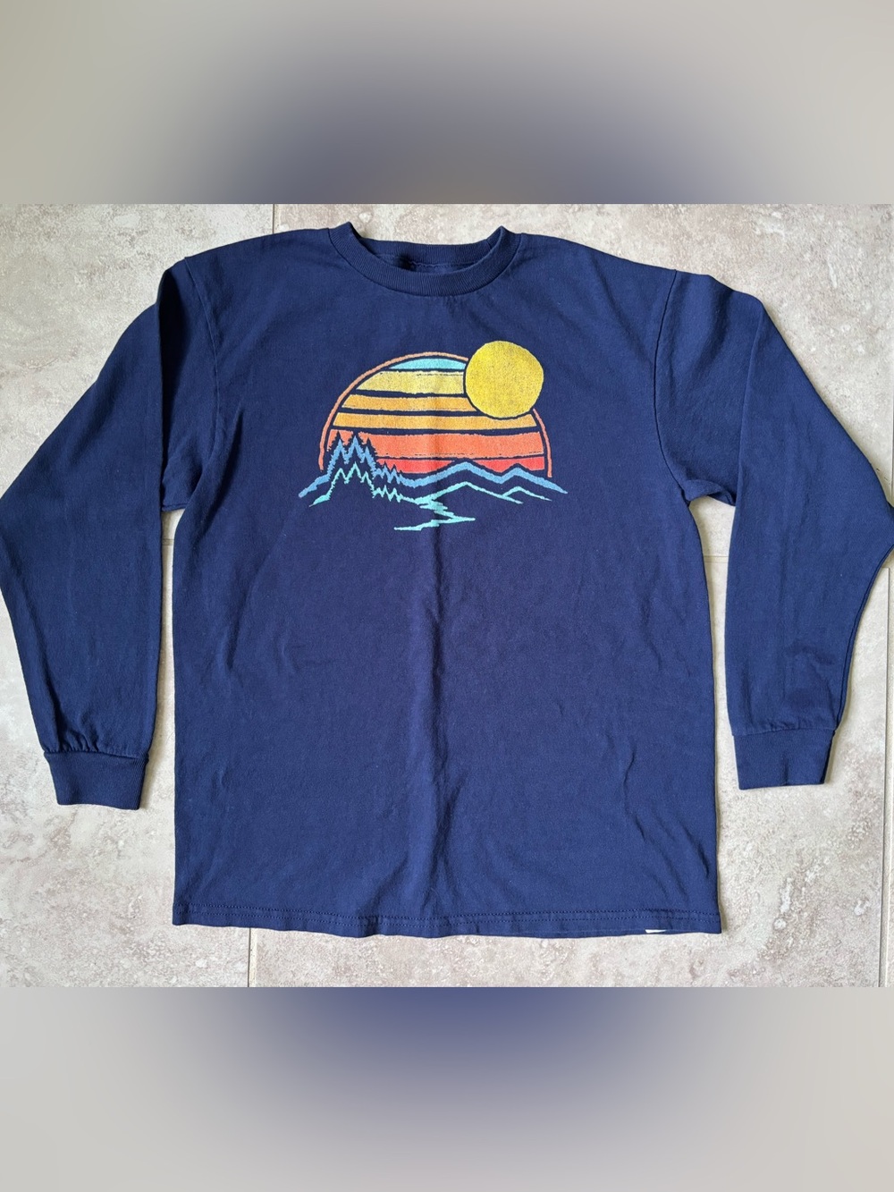 Delta Pro Weight Navy T-shirt with Yellow and Teal Sunset Graphic(Youth Medium)